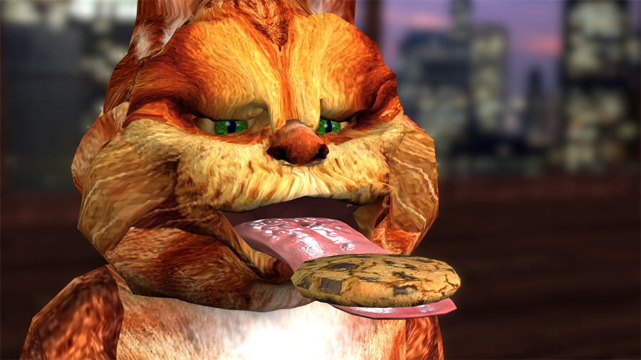 Close-up of Orange Cat with a cookie sitting on his long, outstretched tongue