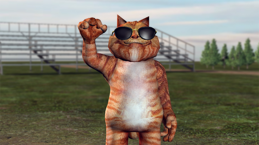 Orange Cat wearing sunglasses and holding up his fist like in the end of The Breakfast Club