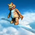 Orange Cat riding a giant butter knife as a surfboard in the cloud-filled sky