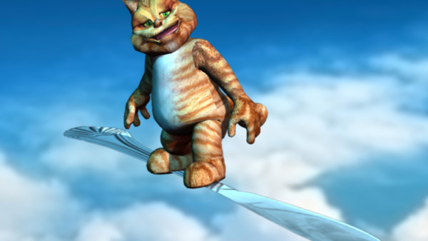 Orange Cat riding a giant butter knife as a surfboard in the cloud-filled sky