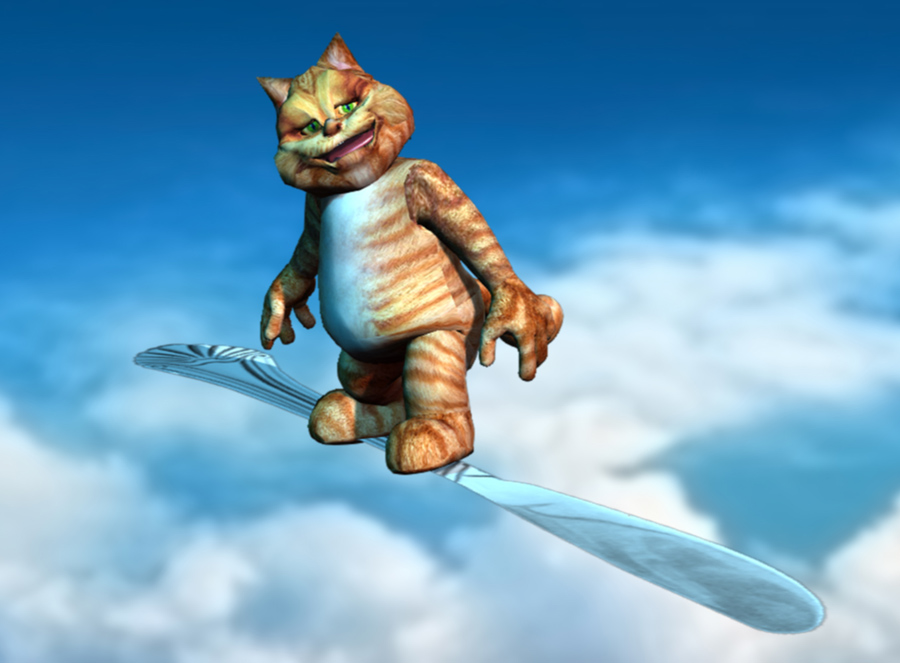 Orange Cat riding a giant butter knife as a surfboard in the cloud-filled sky