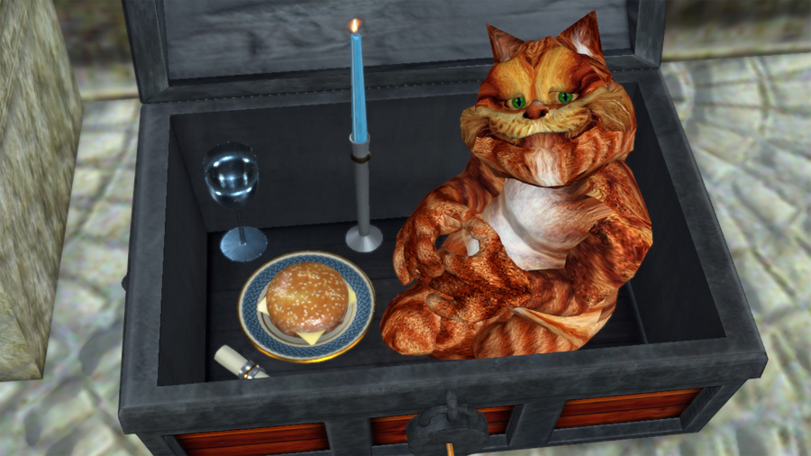 Orange Cat inside open treasure chest with a lit candle, a wine glass, and a cheeseburger
