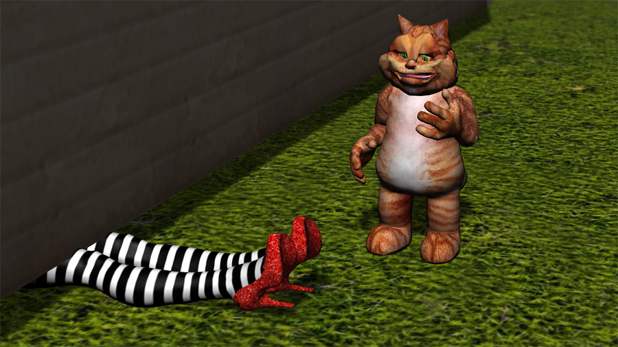 Orange Cat standing next to the Wicked Witch of the East's legs (and ruby slippers) sticking out from under a house