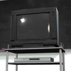 3D render of a television and a DVD player on a rolling cart in front of a chalkboard in a classroom.
