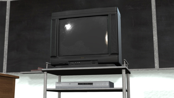 3D render of a television and a DVD player on a rolling cart in front of a chalkboard in a classroom.