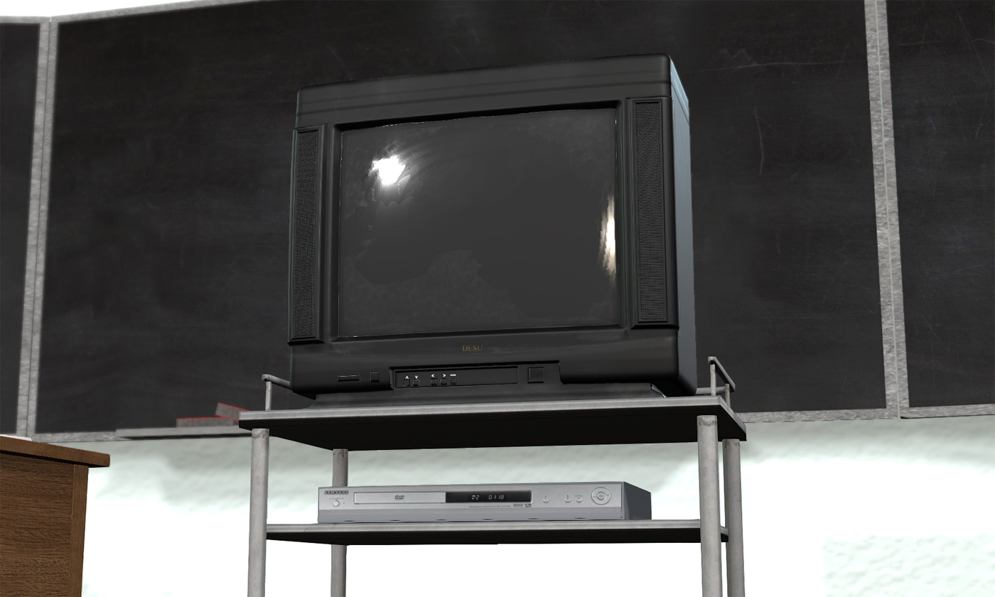 3D render of a television and a DVD player on a rolling cart in front of a chalkboard in a classroom.
